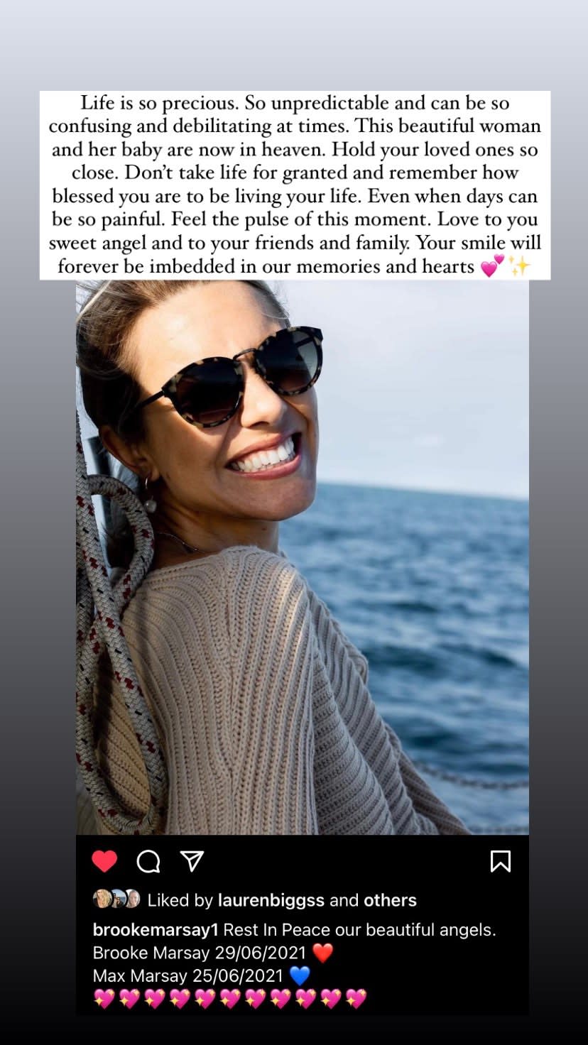 A screenshot of photos and a written message on Angie Kent's Instagram Stories