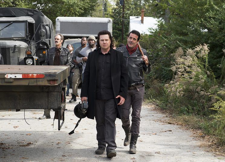 Steven Ogg as Simon, Josh McDermitt as Dr. Eugene Porter and Jeffrey Dean Morgan as Negan in AMC's The Walking Dead . (Photo Credit: Gene Page/AMC)