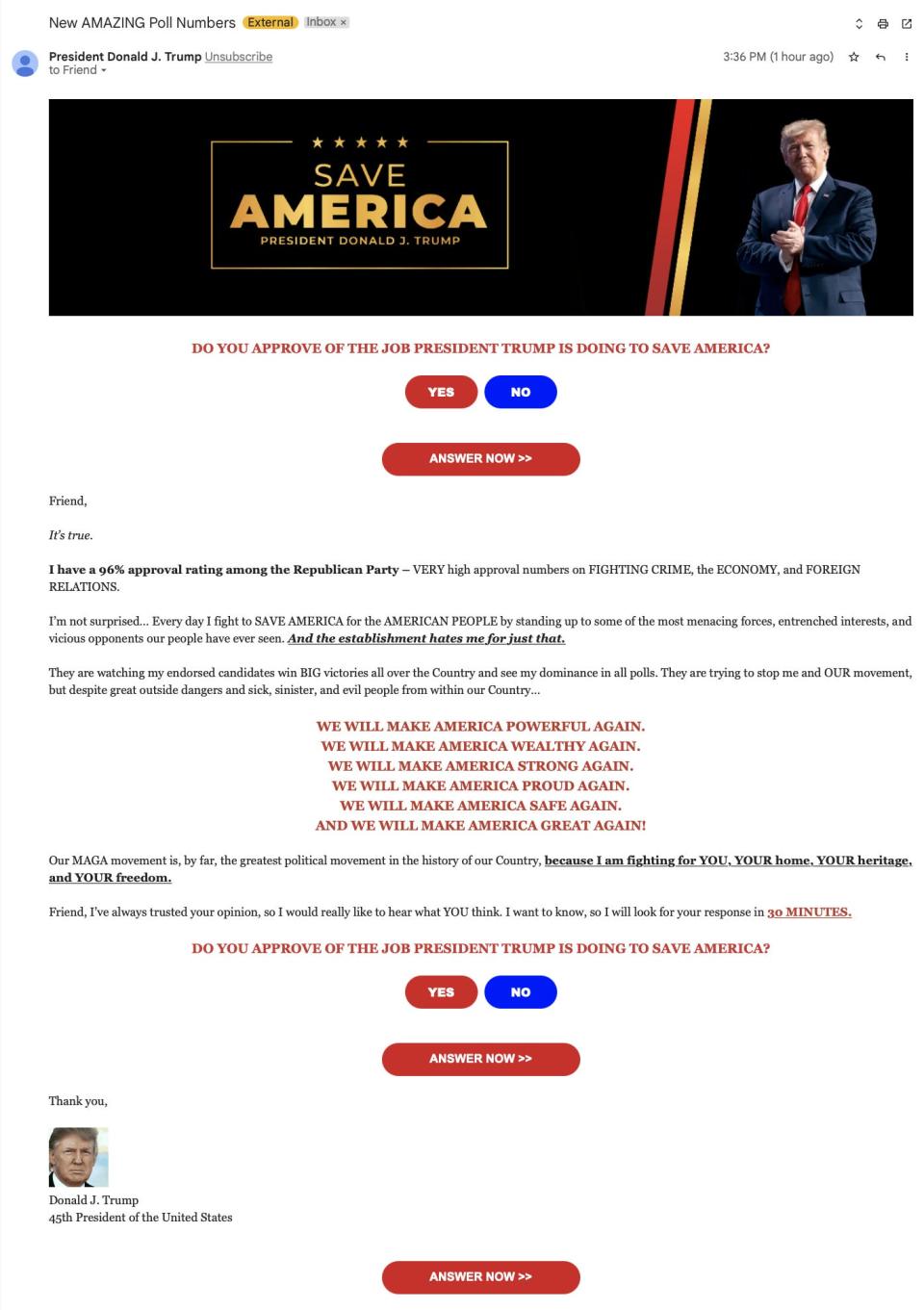 Trump fundraising email