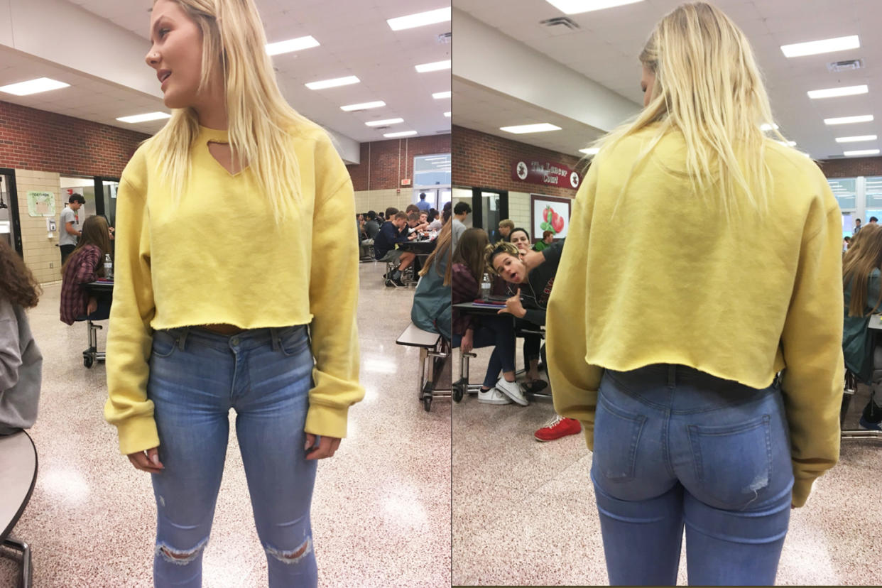 A high school senior from Pennsylvania got a dress code violation for this outfit. (Photo: Twitter/@emilylacerra)