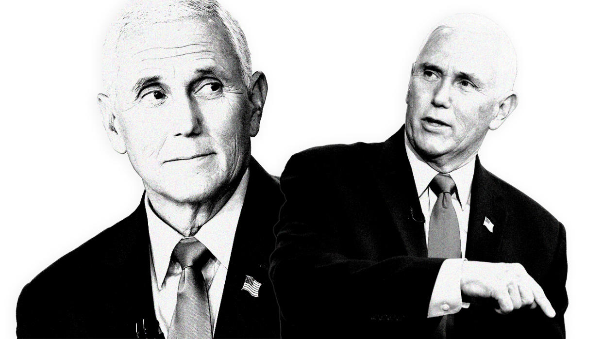 Former U.S. Vice President Mike Pence, left, showing a more whimsical side of himself, and right, making an emphatic point. 