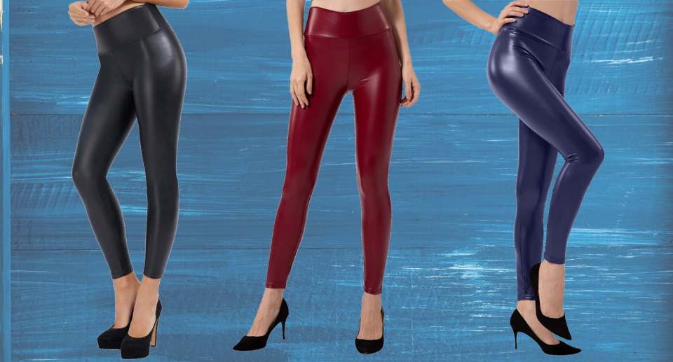 Three models wearing faux leather leggings in black, blue, and red.