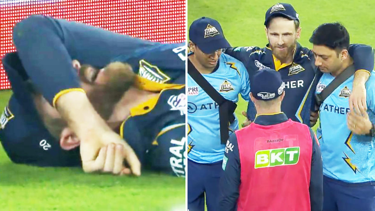 Kane Williamson, pictured here after injuring his knee while playing for the Gujarat Titans in the IPL.