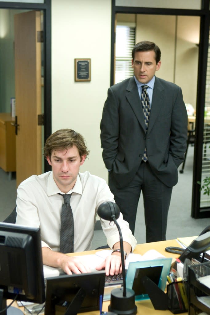 Steve Carell (right), as Michael Scott, and John Krasinski, as Jim Halpert, in “The Office.” ÃÂ© NBC Universal, Inc.