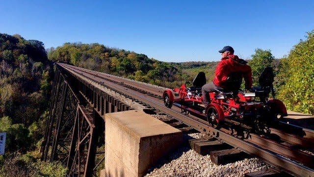 Starting next month, Midwesterners will be able to peddle their way through Iowa's picturesque Des Moines River Valley on the tracks of the Boone and Scenic Valley Railroad on a four-wheel, motor-assisted railbike.