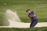 Brian Stuard follows his shot out of a bunker up to the second green of the Silverado Resort North Course during the final round of the Safeway Open PGA golf tournament Sunday, Sept. 13, 2020, in Napa, Calif. (AP Photo/Eric Risberg)