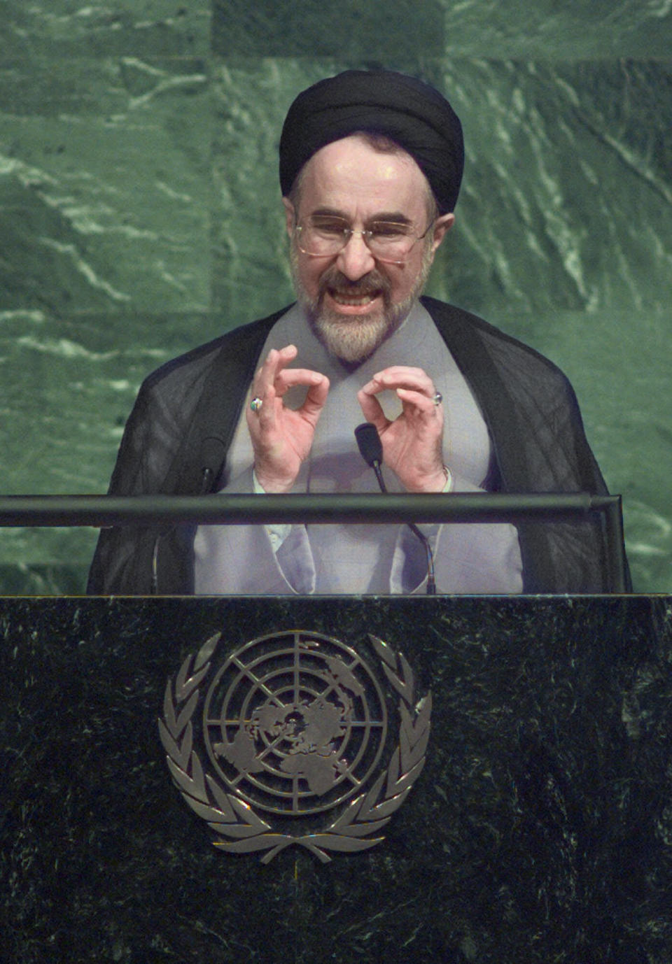 FILE - In this Sept. 21, 1998, file photo, Iranian President Mohammad Khatami gestures during his address to the opening session of the 53rd General Assembly Monday, at the United Nations. The relatively moderate Mohammad Khatami, president of Iran from 1997 to 2005, addressed the General Assembly several times, proposing a “Dialogue Among Civilizations” that the U.N. adopted in 2001. (AP Photo/Charles Krupa, File)
