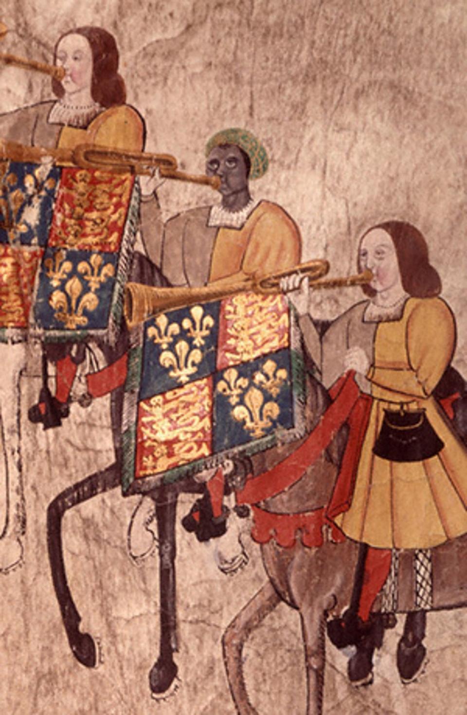 Extract from the Westminster Tournament Roll showing John Blanke, the only figure wearing an orange turban latticed with yellow (Westminster Tournament Roll)