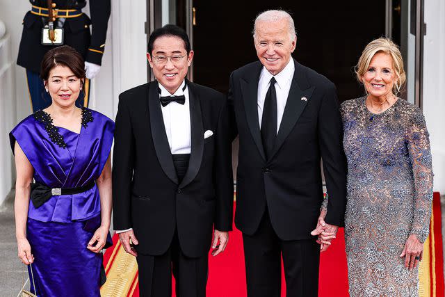 <p>Valerie Plesch/Bloomberg via Getty</p> US President Joe Biden, second right, and First Lady Jill Biden, right, welcome Fumio Kishida, Japan's prime minister, second left, and his wife Yuko Kishida