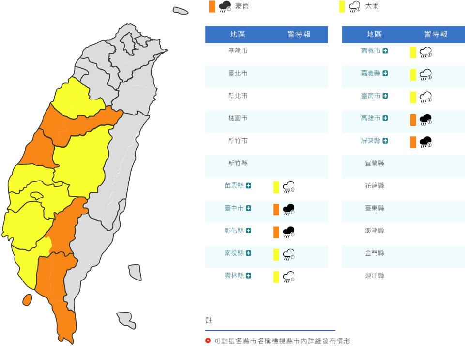氣象局清晨對中彰高屏發布豪雨特報，苗投雲嘉南則發布大雨特報。（圖片來源：氣象局，下同）