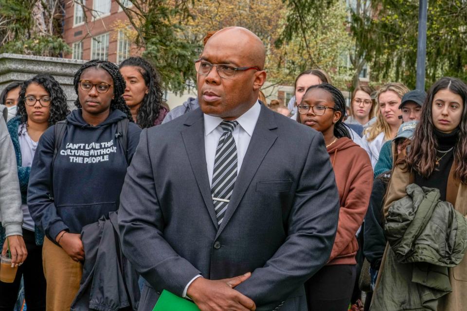 Providence College Public Safety Lt. John Dunbar with supporters at Tuesday's news conference.