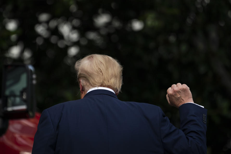 President Trump, seen from behind, raises a fist