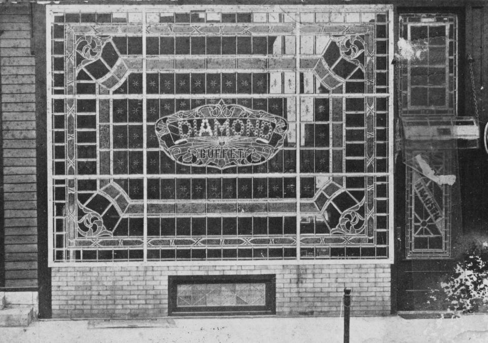In 1912, Henry Hansen remodeled the front of his Diamond Buffet saloon, 1606 Washington St., Two Rivers, with decorative glass installed by The Tremmel Art Glass Works.