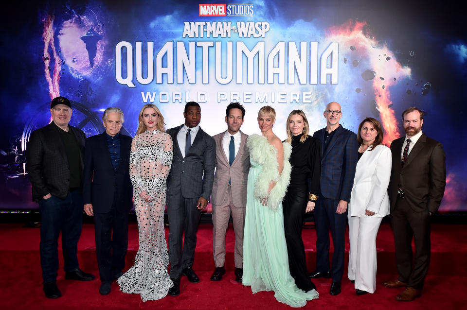 LOS ANGELES, CALIFORNIA - FEBRUARY 06: (L-R) Producer and Marvel Studios President and Marvel CCO Kevin Feige, Michael Douglas, Kathryn Newton, Jonathan Majors, Paul Rudd, Evangeline Lilly, Michelle Pfeiffer, Director Peyton Reed, Executive Producer and Executive VP of Production Marvel Studios Victoria Alonso, and Producer Stephen Broussard attend the Ant-Man and The Wasp Quantumania world premiere at Regency Village Theatre in Westwood, California on February 06, 2023. (Photo by Alberto E. Rodriguez/Getty Images for Disney)