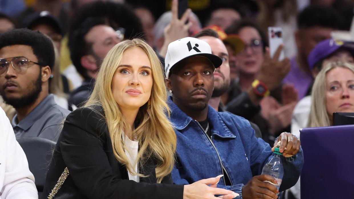 los angeles, california april 27 singer adele and boyfriend rich paul in game 4 between the lakers and nuggets of the nba playoffs at cryptocom arena saturday wally skalijlos angeles times via getty images