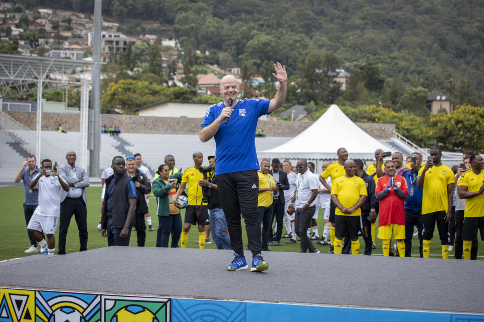 FIFA president Gianni Infantino speaks on a stage during a football tournament for delegates to the 73rd FIFA Congress, in Kigali, Rwanda Wednesday, March 15, 2023. The congress is due to take place in the Rwandan capital on Thursday. (AP Photo)