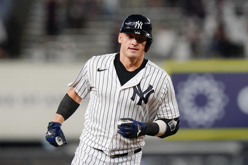 New York Yankees' Josh Donaldson runs the bases after hitting a walk-off grand slam during the 10th inning of a baseball game against the Tampa Bay Rays Wednesday, Aug. 17, 2022, in New York. The Yankees won 8-7. (AP Photo/Frank Franklin II)