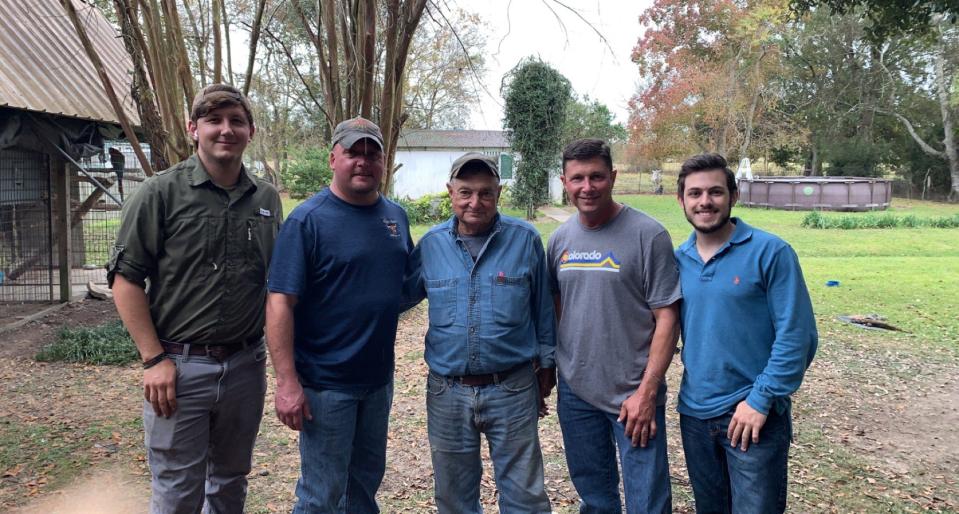 Opelousas farmer Floyd Dupre (center) stands with his son and partner Mike Dupre (second from left) and Joey Dupre (far right), his grandson at LSU. Also pictured are Joey’s father, Joseph Floyd Dupre (second from right), and another of Floyd’s grandsons, Dustin LaFleur (far left).