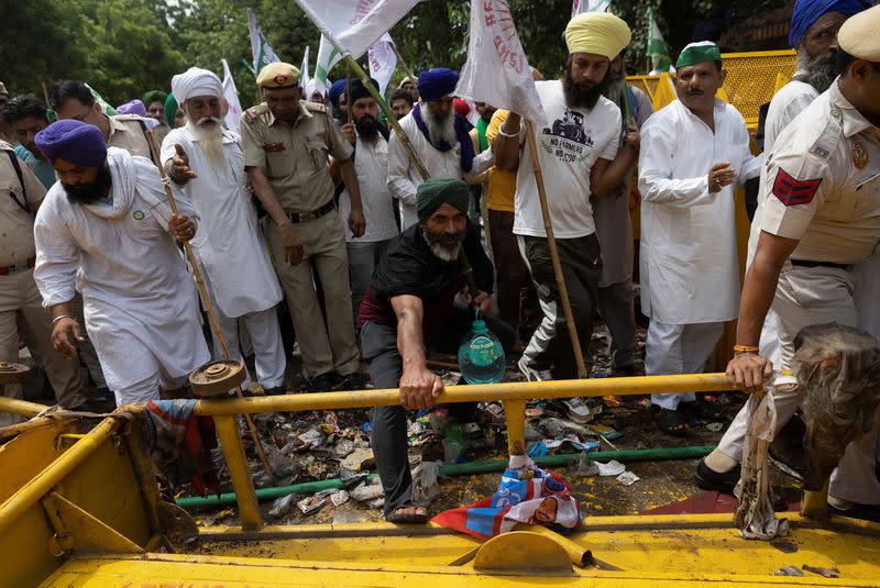 Farmers attend a Maha Panchayat or grand village council meeting as part of a farmers' protest in New Delhi