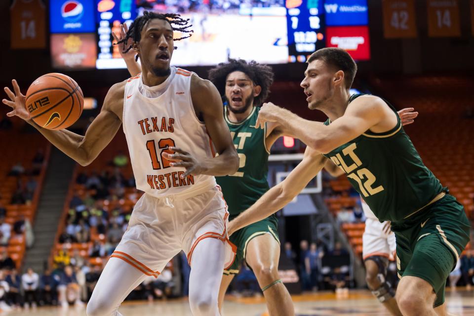 UTEP's Jamari Sibley (12) dribbles the ball at a men's basketball game against Charlotte Thursday, Feb. 9, 2023, at the Don Haskins Center in El Paso.
