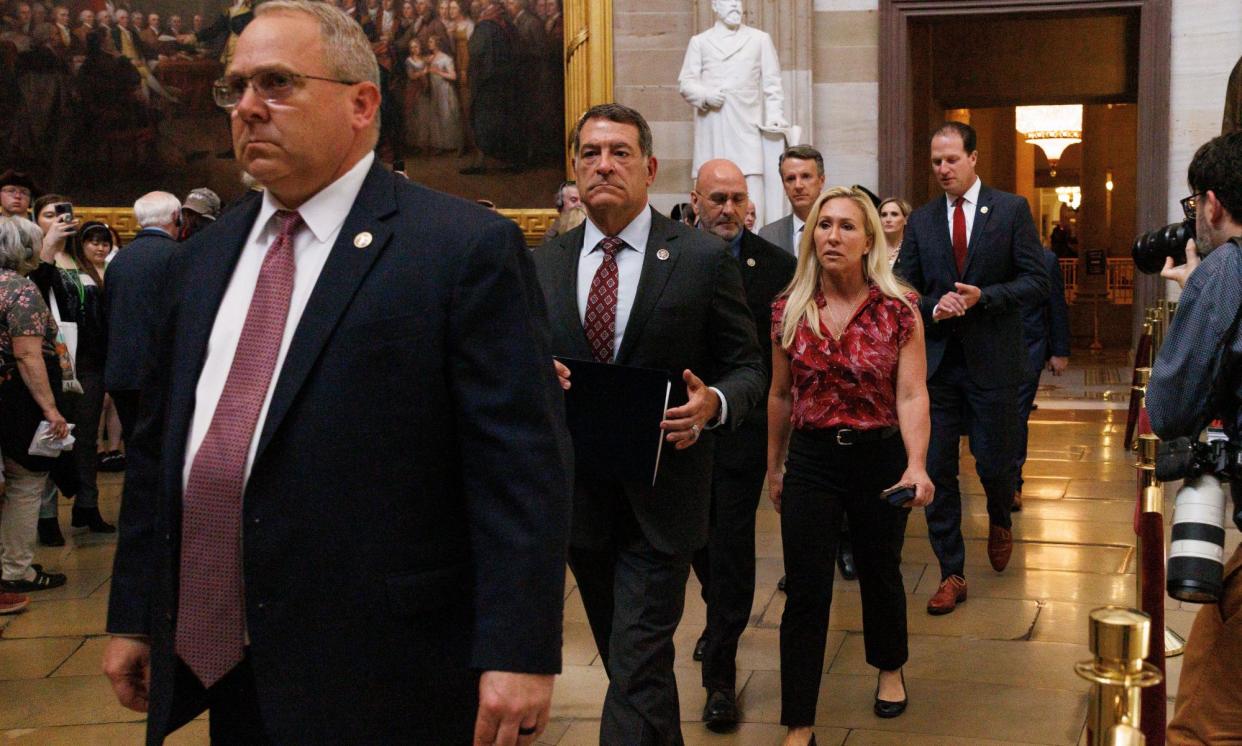 <span>Republican House impeachment managers walk back across the Capitol after delivering the articles of impeachment of Alejandro Mayorkas to the Senate.</span><span>Photograph: Rex/Shutterstock</span>