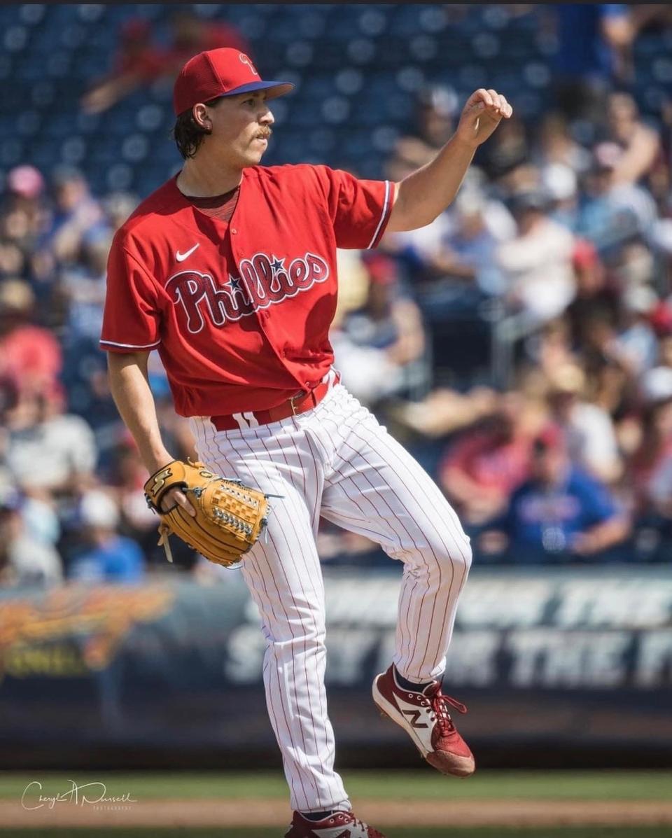 Former Phillies Pitcher Jeff Singer in the Phillies alternate Red jersey