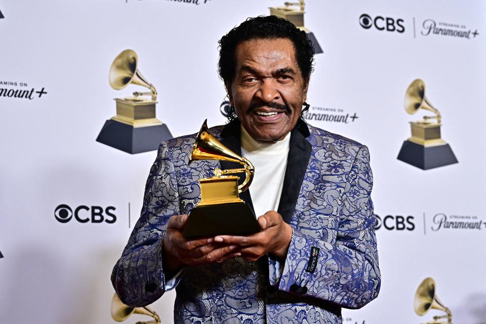 US composer Bobby Rush poses in the press room with the Grammy for "Best Traditional Blues Album" during the 66th Annual Grammy Awards at the Crypto.com Arena in Los Angeles on February 4, 2024.