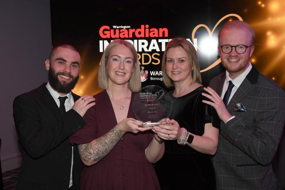 Courage Award winner Esther Ghey, her partner Wes Powell, Emma Mills, headteacher at Birchwood Community High School and former Warrington Guardian reporter Tom Bedworth