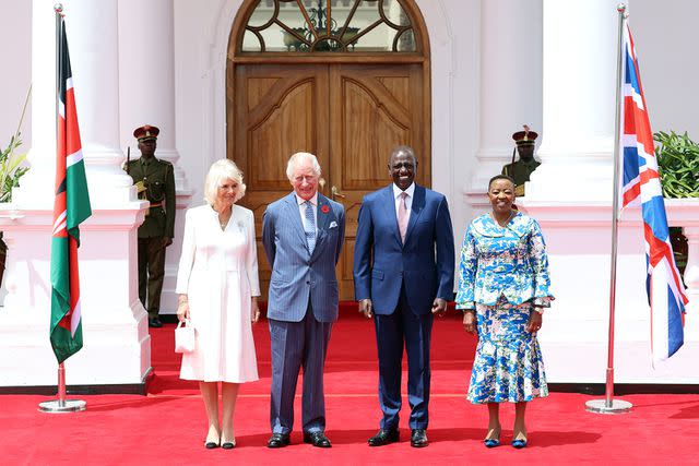 <p>Chris Jackson/Getty</p> Queen Camilla, King Charles, President of the Republic of Kenya, William Ruto, and the First Lady of the Republic of Kenya, Rachel Ruto during the ceremonial welcome on October 31.