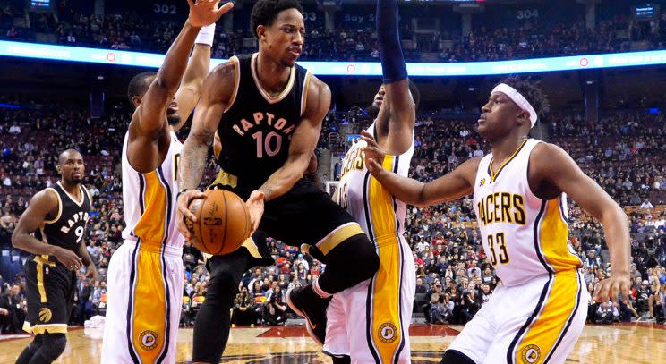 DeMar DeRozan scored 40 points against the Indiana Pacers on Friday night to move level with Vince Carter for the number of 30 points or more games in Raptors franchise history.