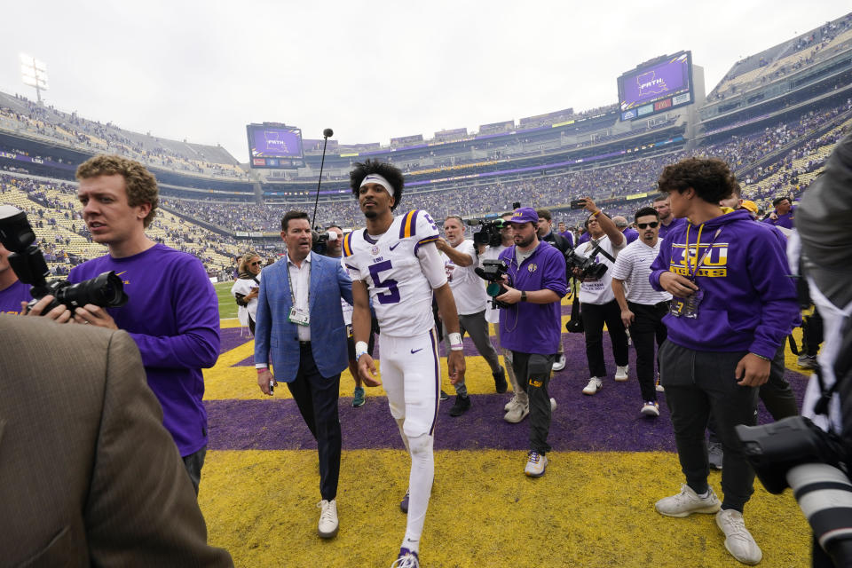 LSU quarterback Jayden Daniels (5) walks off the field after an NCAA college football game against Texas A&M in Baton Rouge, La., Saturday, Nov. 25, 2023. LSU won 42-30. (AP Photo/Gerald Herbert)