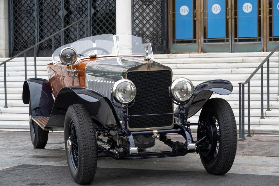 A 1924 Delage GL Skiff Torpedo Dual Cowl Phaeton by Labourdette owned by Mary and Ted Stahl was on display when the Concours d'Elegance of America announced it would relocate to Detroit's Cultural Center June 30, 2021, in front of the Detroit Institute of Arts.