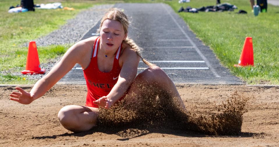 Shelby sophomore Madison Henkel won the long jump competition at the 91st Mehock Relays on Saturday with a meet and school record jump.