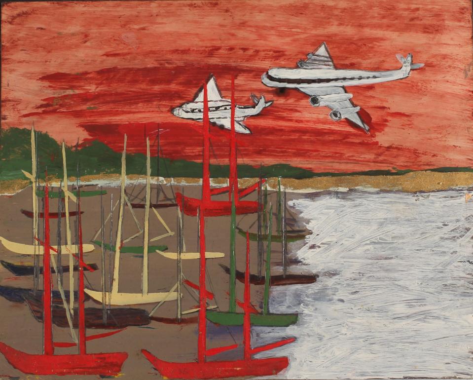 LANDSCAPE Untitled (Airplanes over boats in harbor)