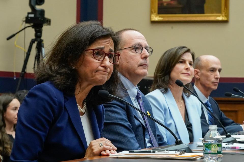 Columbia University’s embattled president Minouche Shafik and the board’s two chairs — David Greenwald and Claire Shipman — testified last week about campus antisemitism. AFP via Getty Images