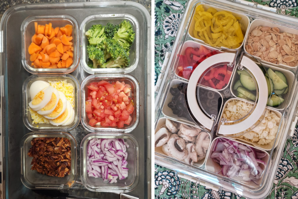 L: Six clear containers holding salad bar ingredients. R: Six plastic containers holding salad bar ingredients with a lid on top.