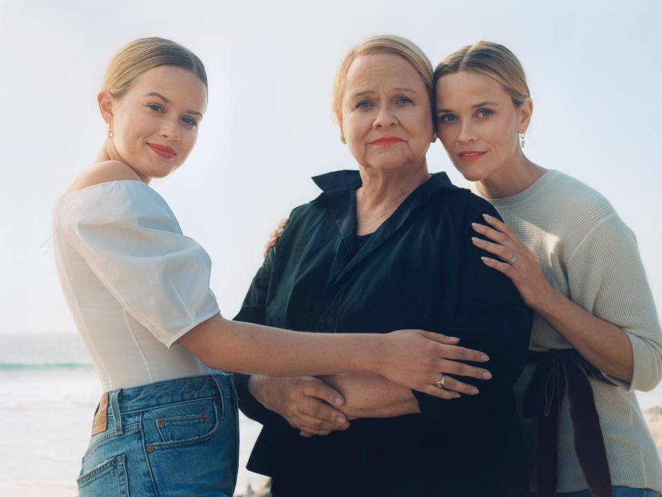 Witherspoon, 42, photographed with her daughter Ava, 19, and mother Betty, 70. Ava wears a Gabriela Hearst top. Levi’s jeans. Irene Neuwirth earrings. Reese wears a Marc Jacobs sweater. Effy Jewelry earrings. Fashion Editor: Tonne Goodman.