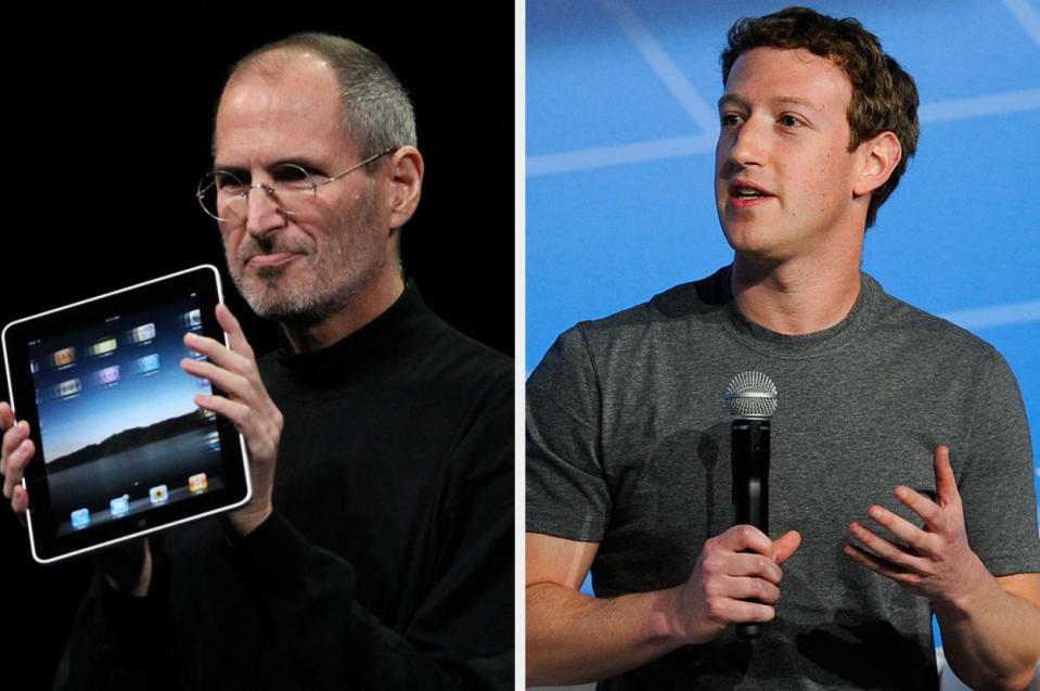 Steve Jobs with an iPad and Zuckerberg speaking into a microphone