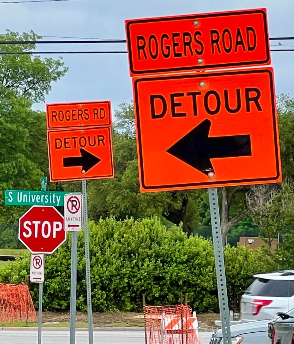 Getting to Rogers Road during construction can be confusing, as this sign shows at South University Drive and Collinsworth Street April 23, 2023.