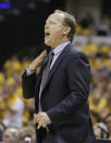 Atlanta Hawks head coach Mike Budenholzer calls a play during the second half in Game 1 of an opening-round NBA basketball playoff series against the Indiana Pacers, Saturday, April 19, 2014, in Indianapolis. Atlanta defeated Indiana 101-93. (AP Photo/Darron Cummings)