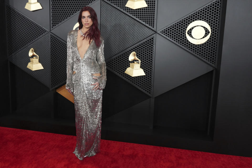 Dua Lipa arrives at the 66th annual Grammy Awards on Sunday, Feb. 4, 2024, in Los Angeles. (Photo by Jordan Strauss/Invision/AP)