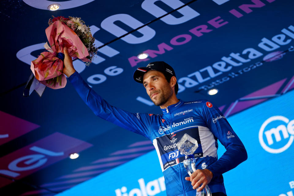 ROME ITALY  MAY 28 Thibaut Pinot of France and Team Groupama  FDJ  Blue Mountain Jersey celebrates at podium during the 106th Giro dItalia 2023 Stage 21 a 126km stage from Rome to Rome  UCIWT  on May 28 2023 in Rome Italy Photo by Tim de WaeleGetty Images