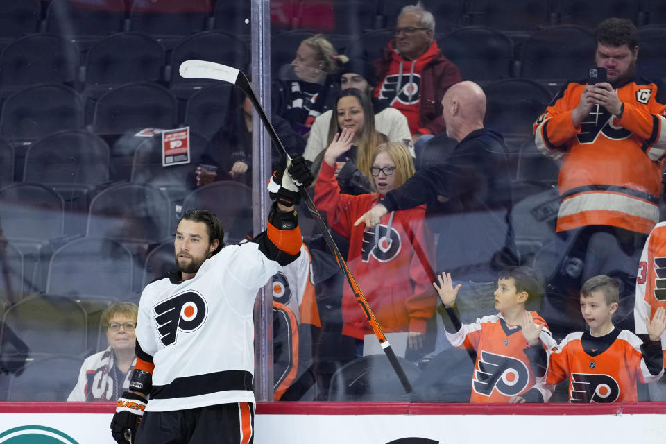 Philadelphia Flyers' Ivan Provorov reacts during warm-ups before an NHL hockey game against the Chicago Blackhawks, Thursday, Jan. 19, 2023, in Philadelphia. (AP Photo/Matt Slocum)