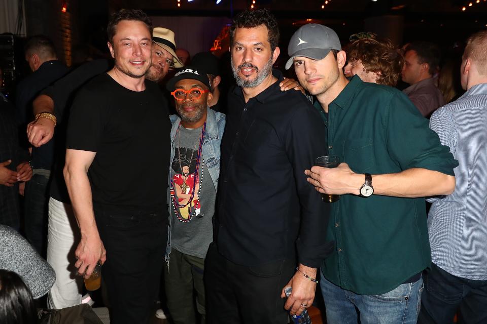 Elon Musk, Marc Benioff, Spike Lee, Guy Oseary and Ashton Kutcher pose for a photo at the Sound Ventures "The Party" at Hotel Van Zandt on March 10, 2018 in Austin, Texas.