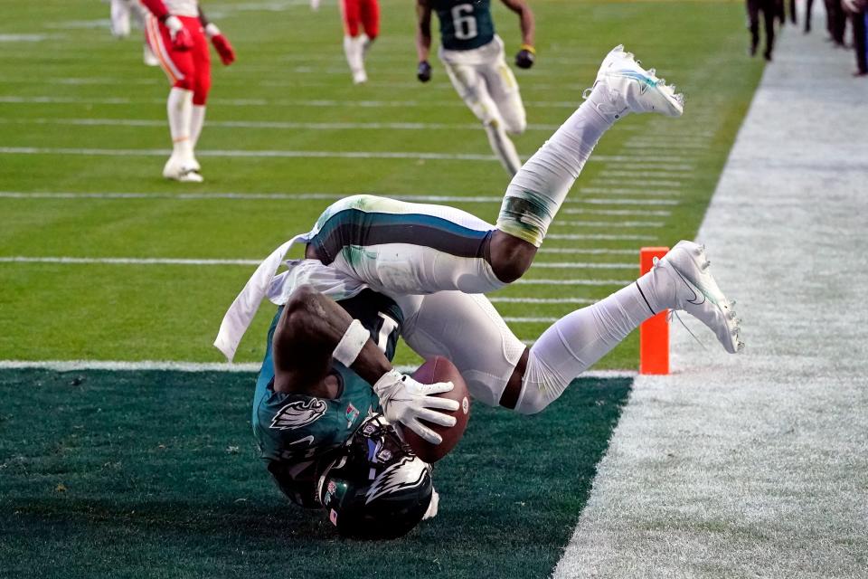 Philadelphia Eagles wide receiver A.J. Brown scores a touchdown during Super Bowl LVII. (Photo by TIMOTHY A. CLARY/AFP via Getty Images)