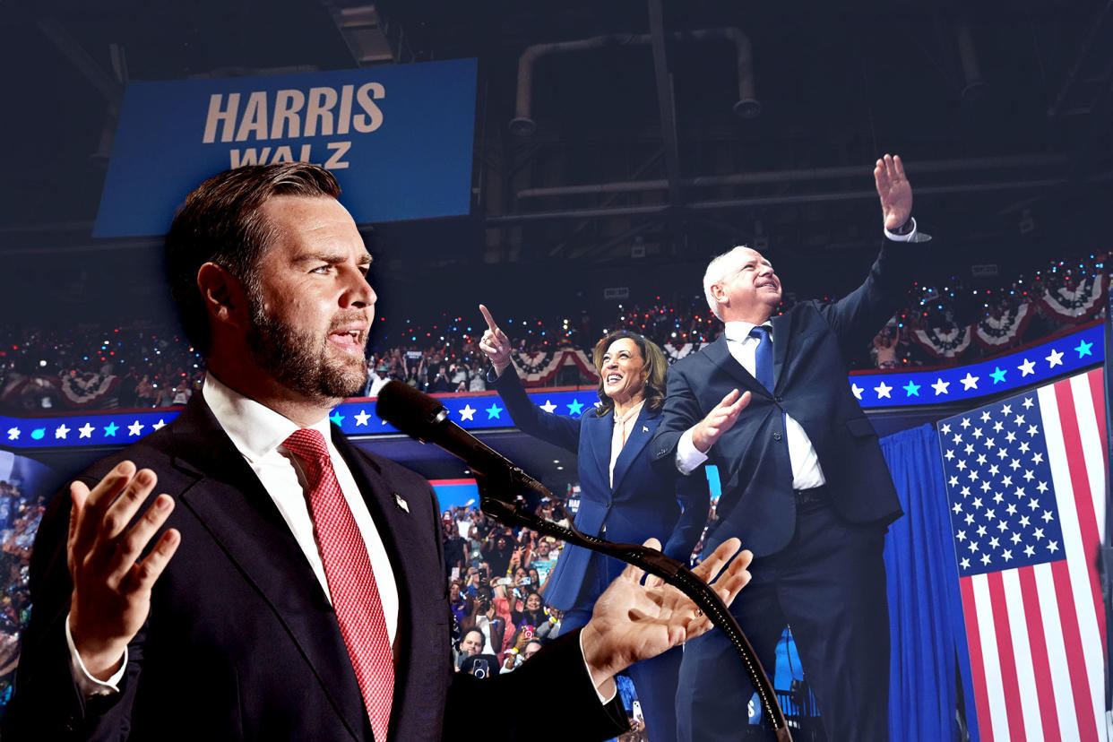 JD Vance; Kamala Harris; Tim Walz Photo illustration by Salon/Getty Images