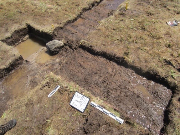 The possible bog iron roasting hearth can be seen beside the structure made of turf at Point Rosee.