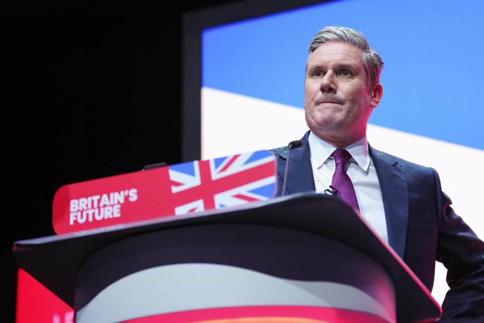 Britain's opposition Labour Party leader Keir Starmer delivers his keynote speech at the Labour Party conference in Liverpool, England, Tuesday, Oct. 10, 2023.(AP Photo/Jon Super)