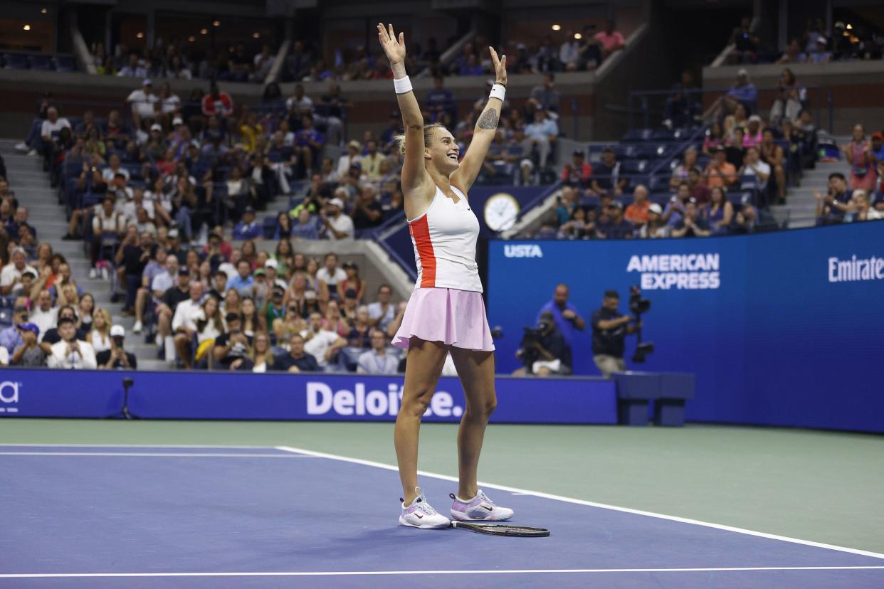Aryna Sabalenka celebrates after defeating Danielle Collins of the United States during their Women’s Singles Fourth Round match on Day Eight of the 2022 U.S. Open at USTA Billie Jean King National Tennis Center on Sept. 5, 2022, in Flushing, Queens.