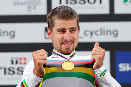 Peter Sagan of Slovakia displays his gold medal after winning Men Elite Road Race at the UCI 2017 Road World Championship, in Bergen, Norway. NTB SCANPIX/Cornelius Poppe via REUTERS